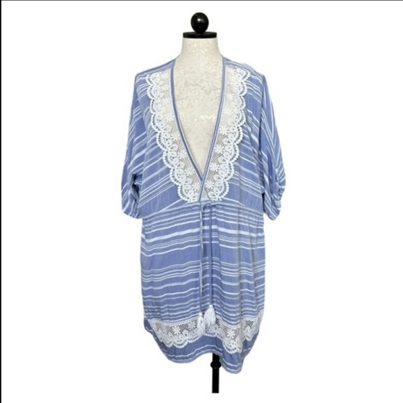 Dotti Tassel Tunic Striped Cover Up Blue White Crocheted Lace Trim Drawstring 1X - Picture 11 of 13